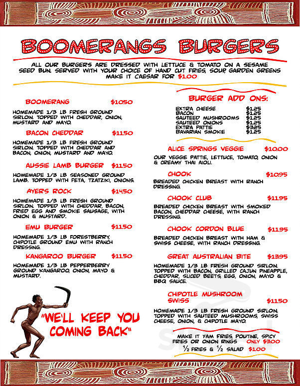 Menu Port Alberni BC's Boomerangs Cafe Sirved