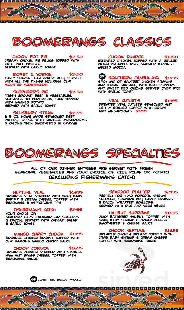 Menu Port Alberni BC's Boomerangs Cafe Sirved