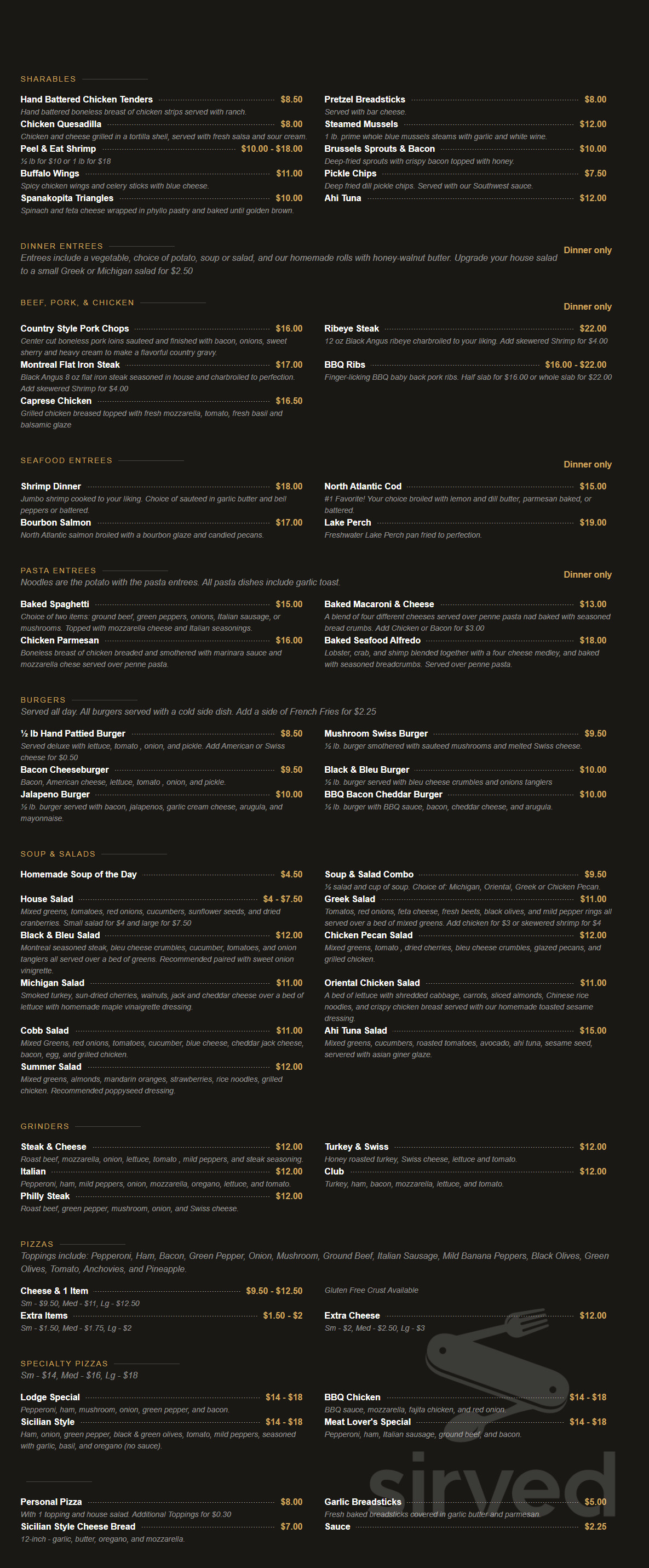 Menu for Lewiston Lodge in Lewiston, Michigan, United States