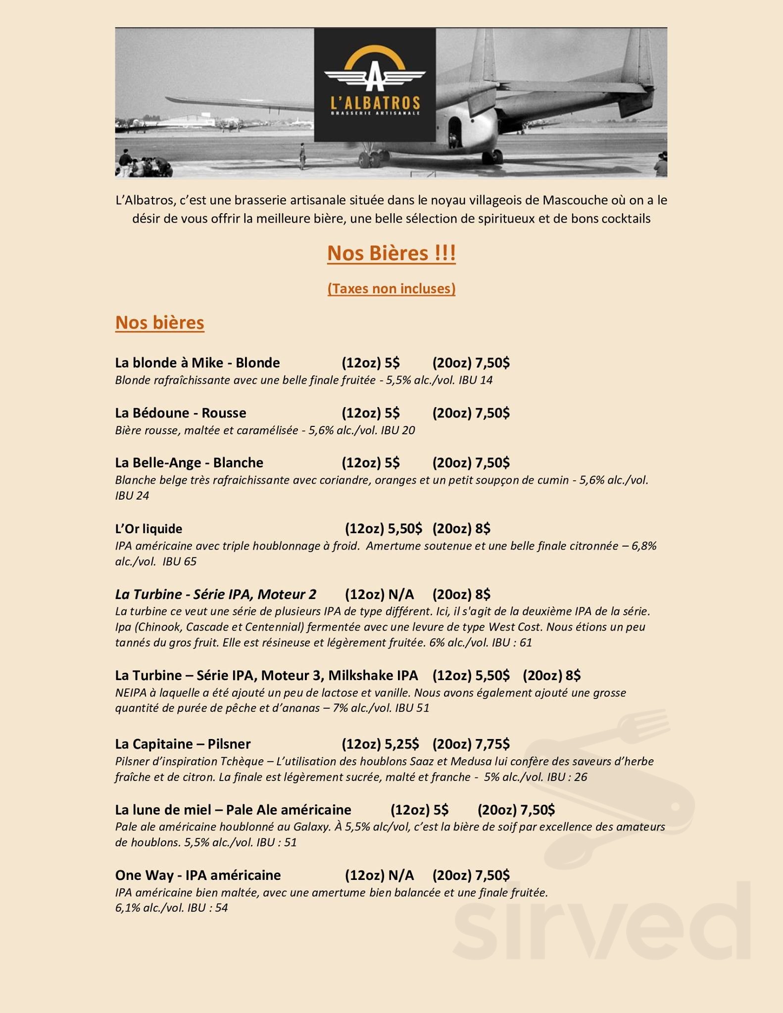 L'Albatros - Brasserie Artisanale menu in Mascouche, Quebec, Canada