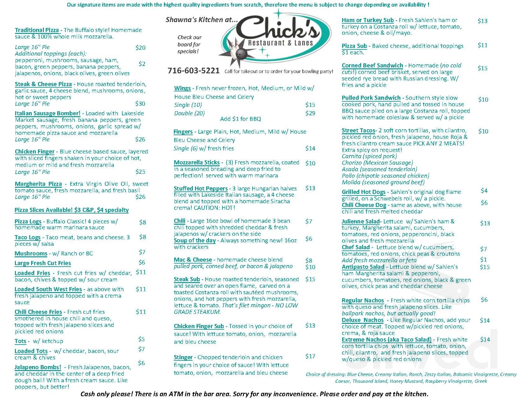 Chick's Restaurant and Lanes menu in Angola, New York, USA