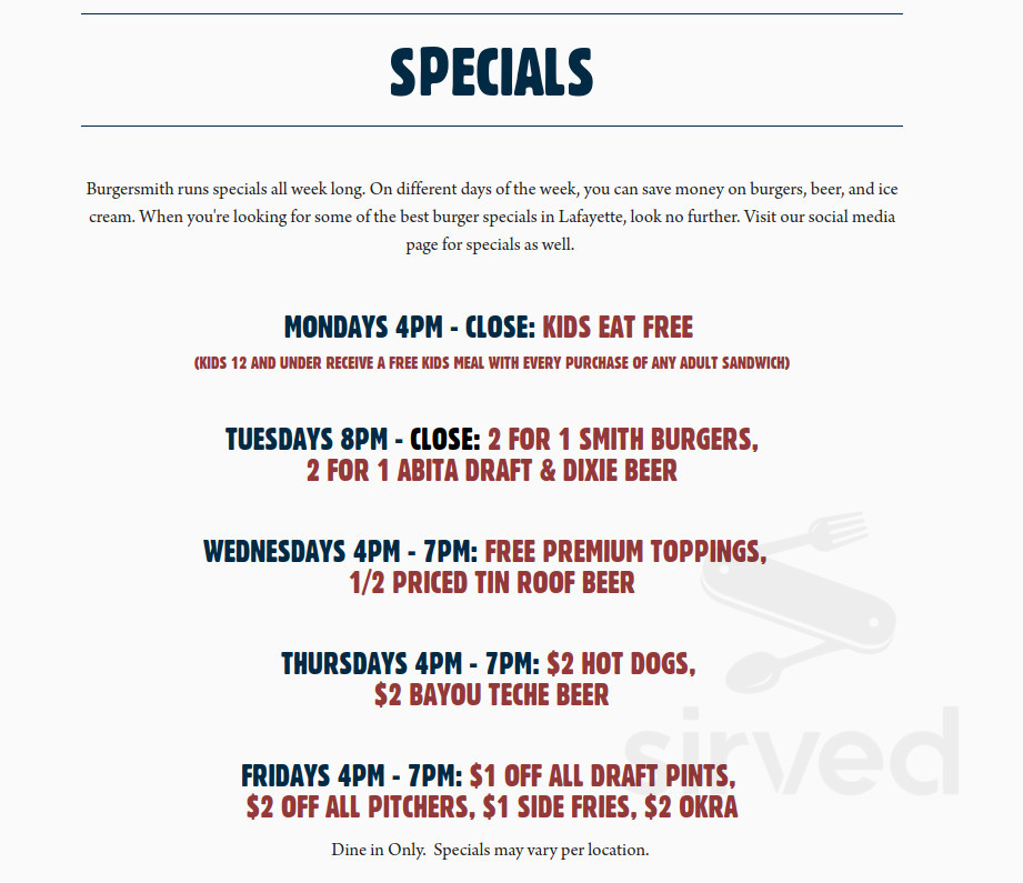 Burgersmith Siegen Lane menu in Baton Rouge, Louisiana, USA