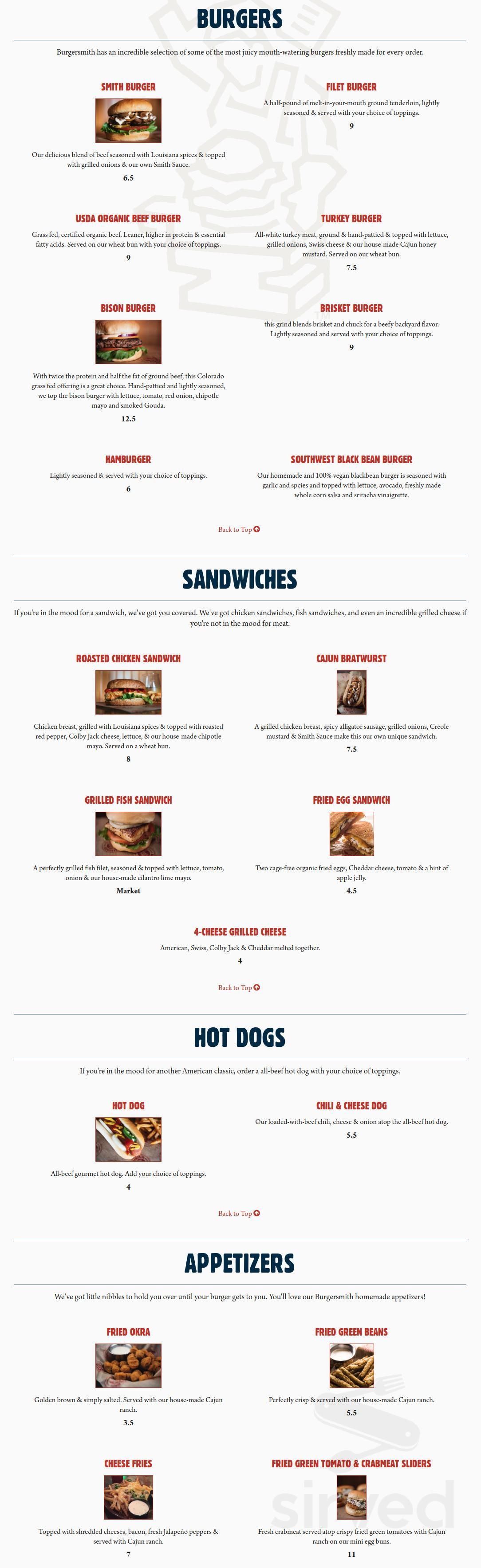 Burgersmith Siegen Lane menu in Baton Rouge, Louisiana, USA