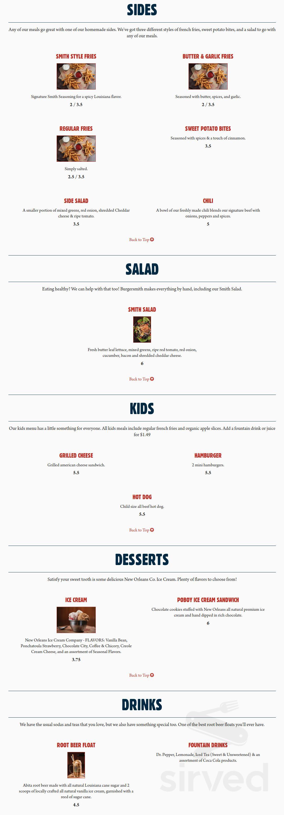 Burgersmith Siegen Lane menu in Baton Rouge, Louisiana, USA