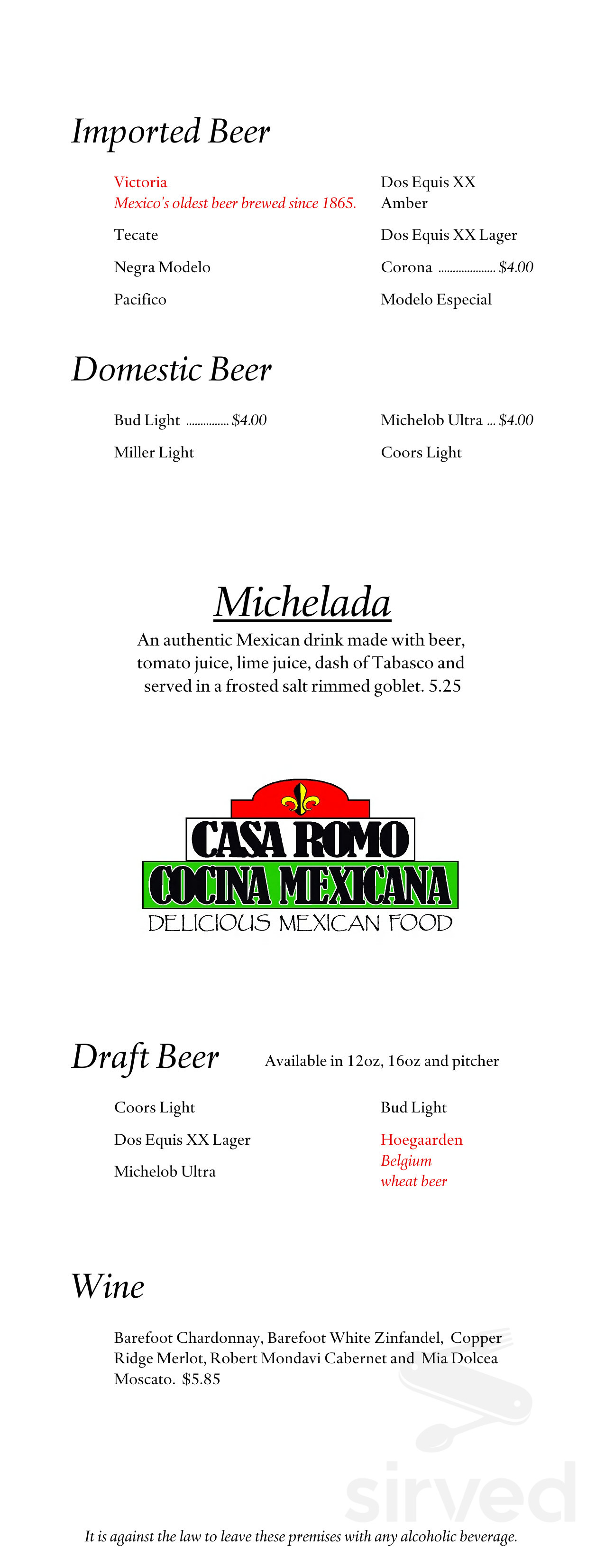 Menu - Ardmore OK's Casa Romo Cocina Mexicana | Sirved