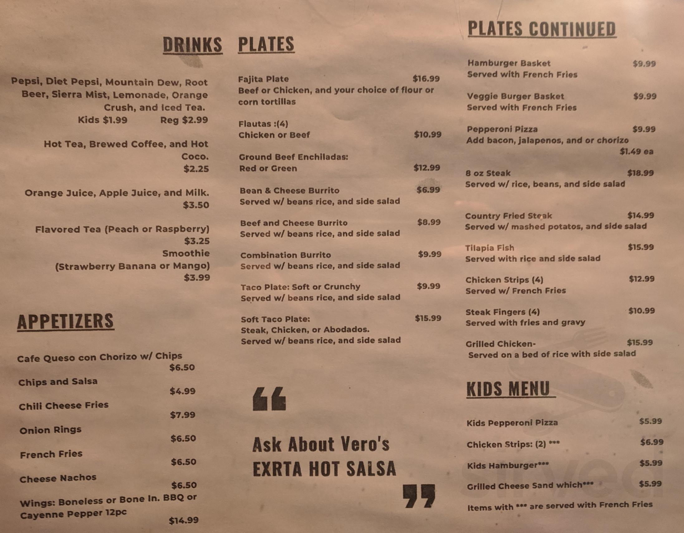 Cactus Cafe Menu In Whites City New Mexico Usa