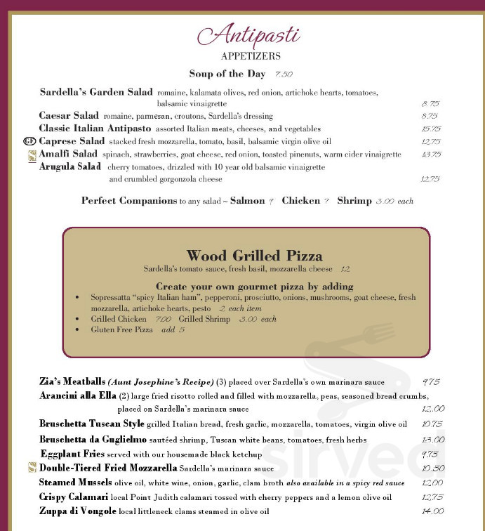 Sardella's Italian Restaurant menu in Newport, Rhode Island, USA