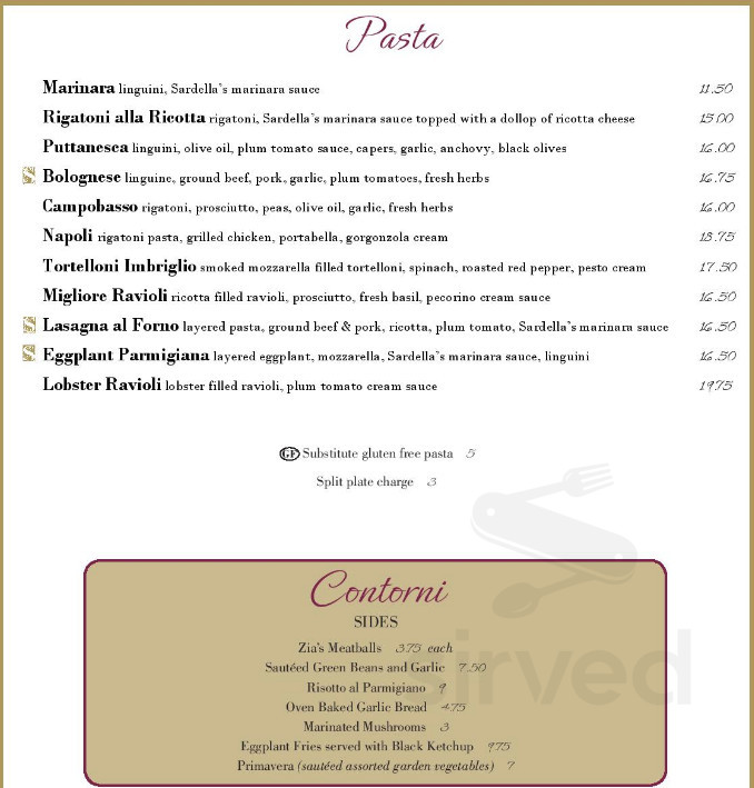Sardella's Italian Restaurant menu in Newport, Rhode Island, USA