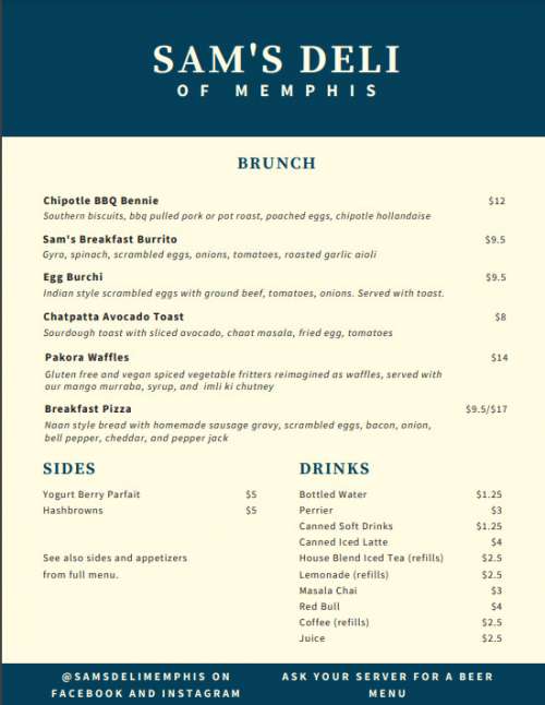 Sam's Deli menu in Memphis, Tennessee, USA