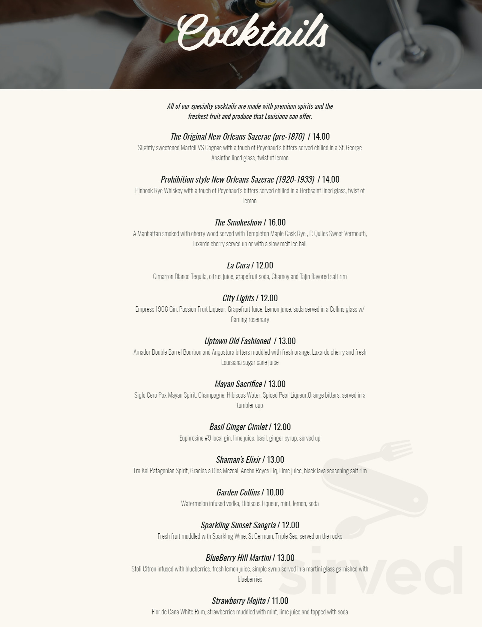 Restaurant Rebirth menu in New Orleans, Louisiana, USA