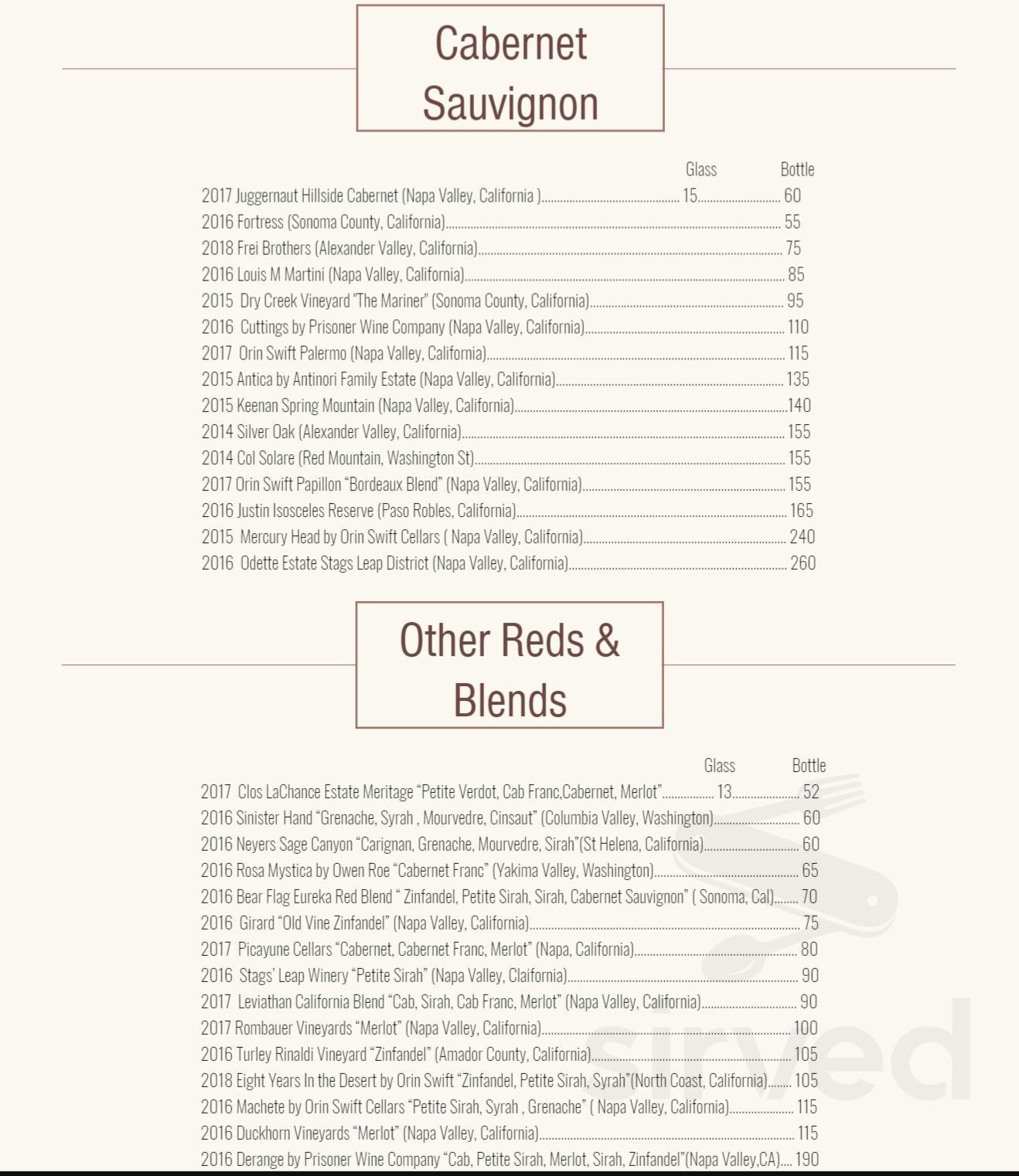 Restaurant Rebirth menu in New Orleans, Louisiana, USA