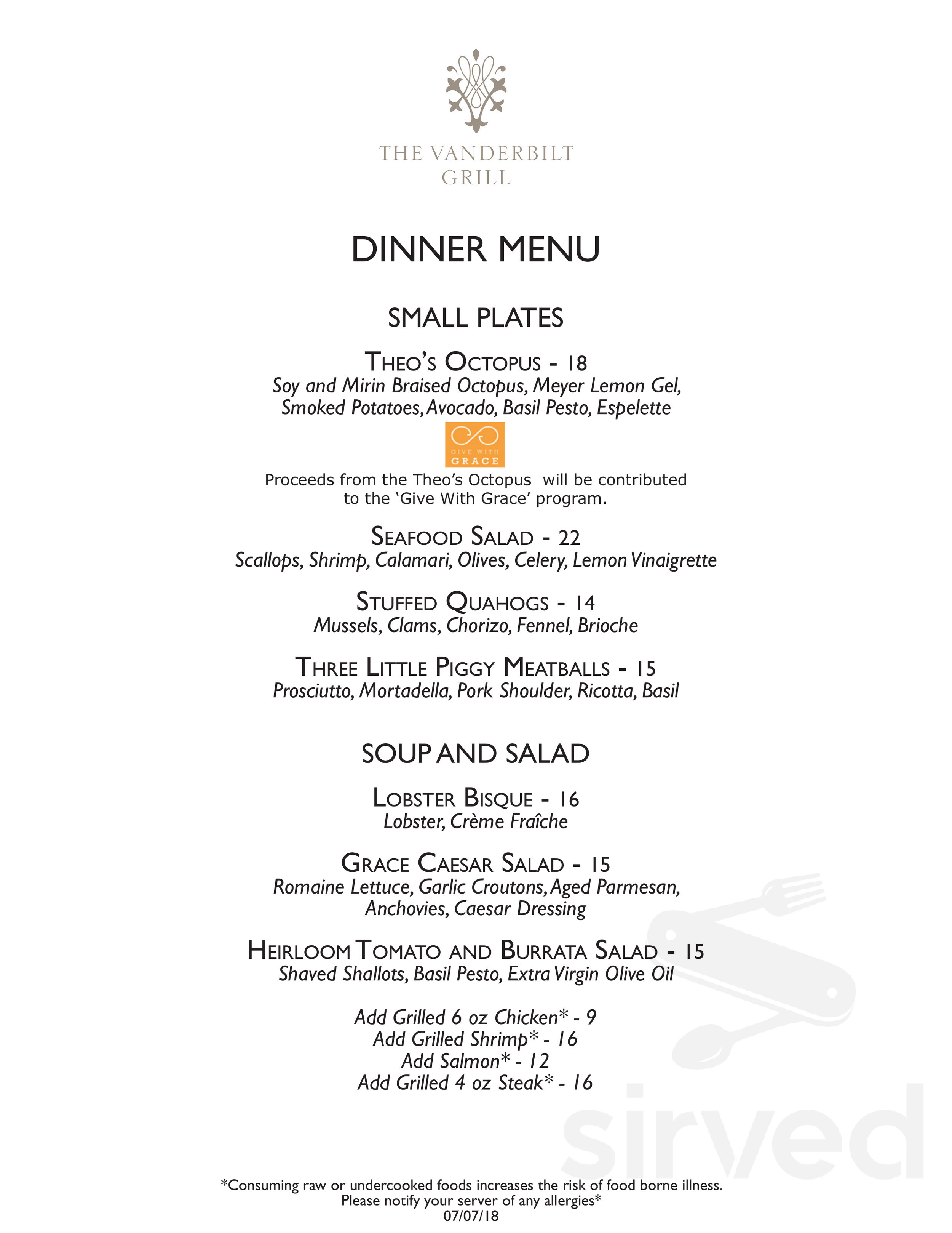 The Dining Room at The Vanderbilt menu in Newport, Rhode Island, USA