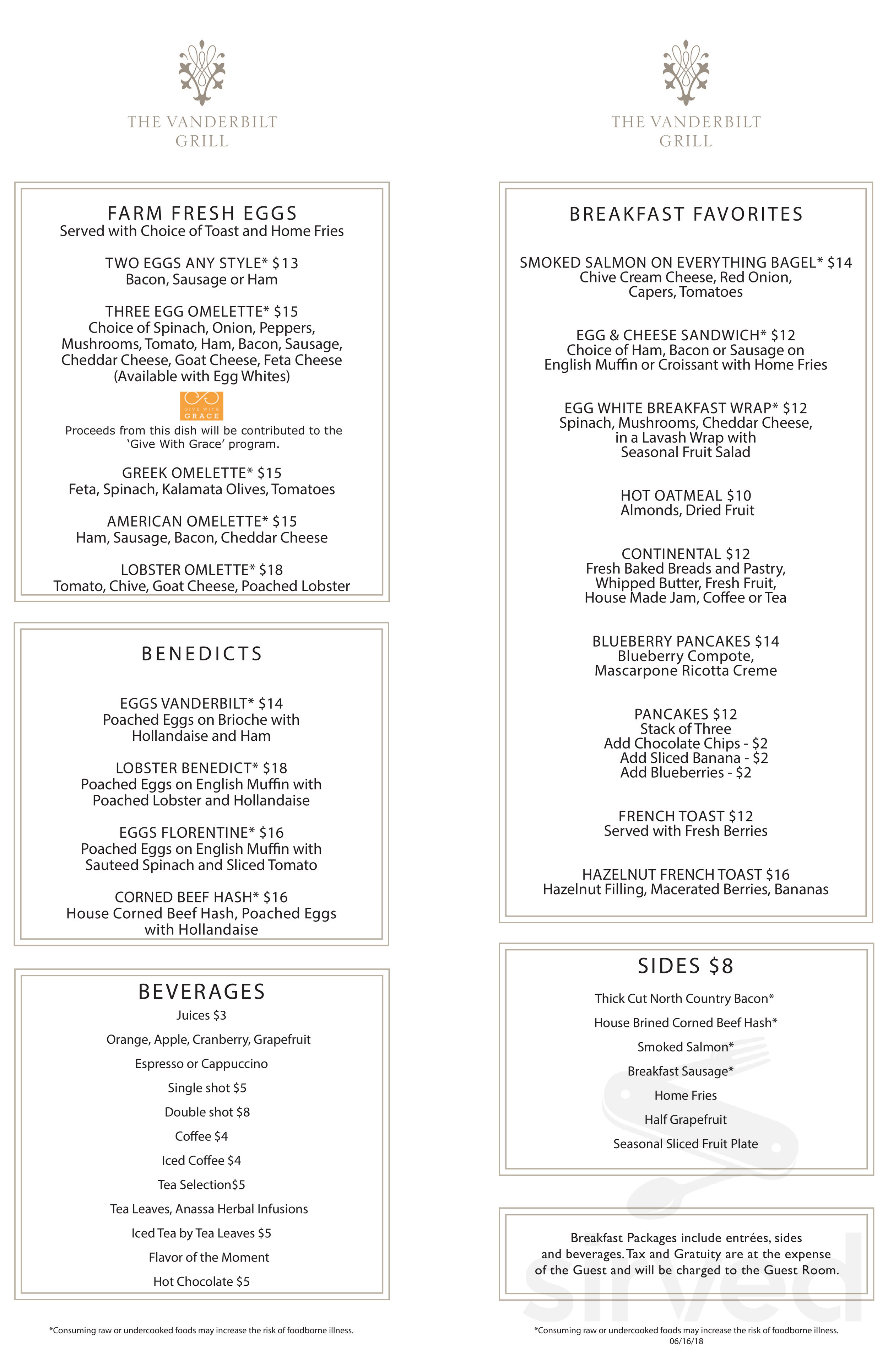 The Dining Room at The Vanderbilt menu in Newport, Rhode Island, USA