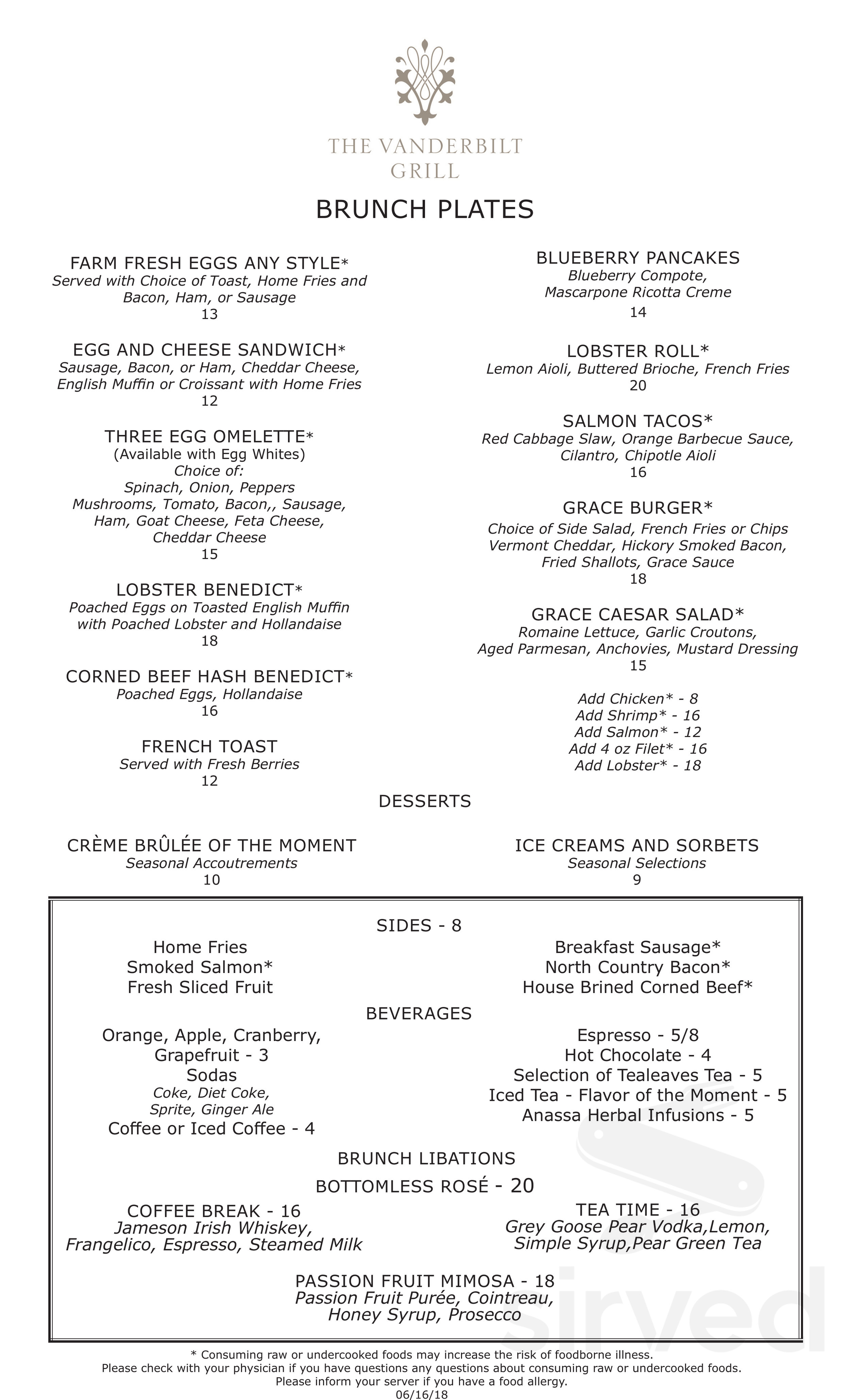 The Dining Room at The Vanderbilt menu in Newport, Rhode Island, USA