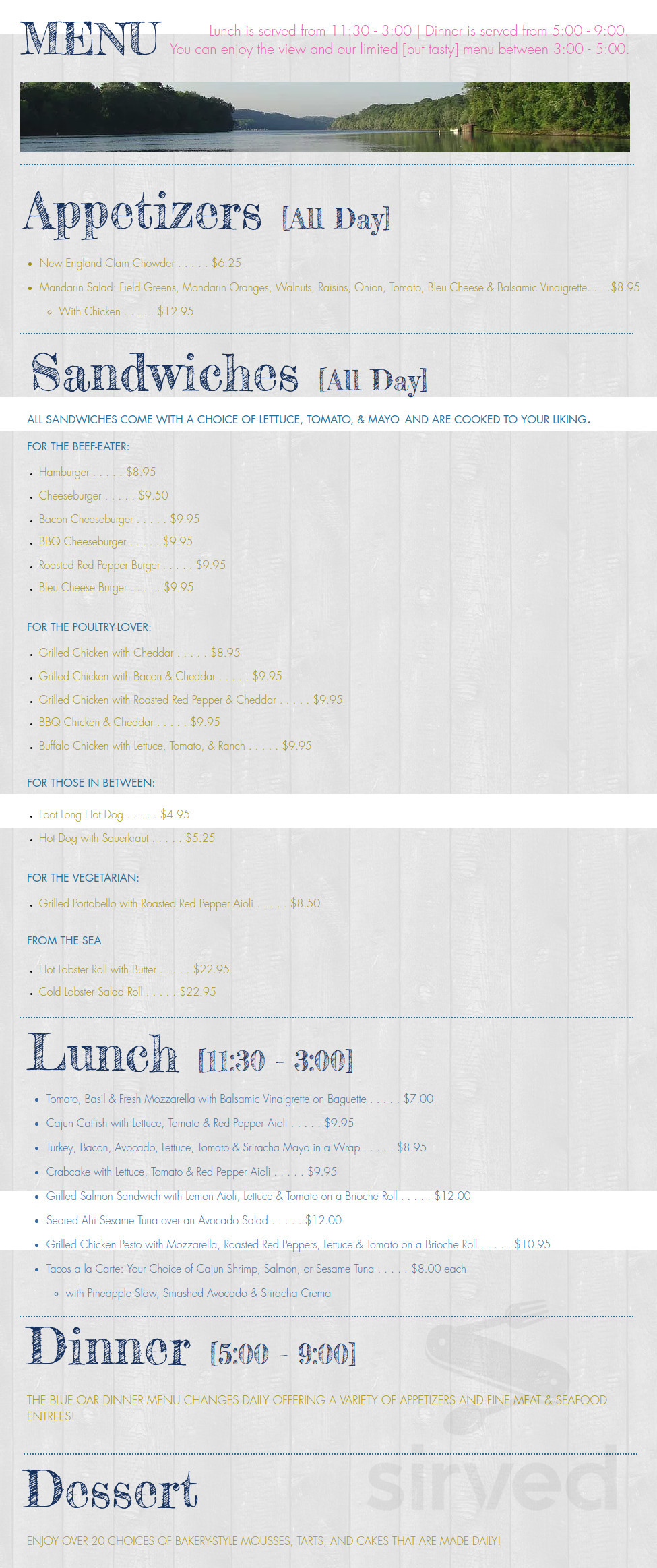 The Blue Oar menu in Haddam, Connecticut
