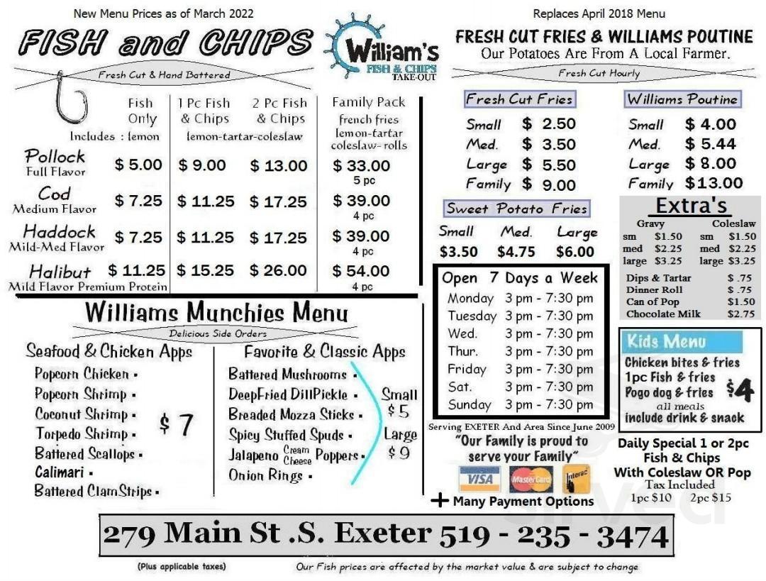 William's Fish & Chips Take-Out menu in Exeter, Ontario