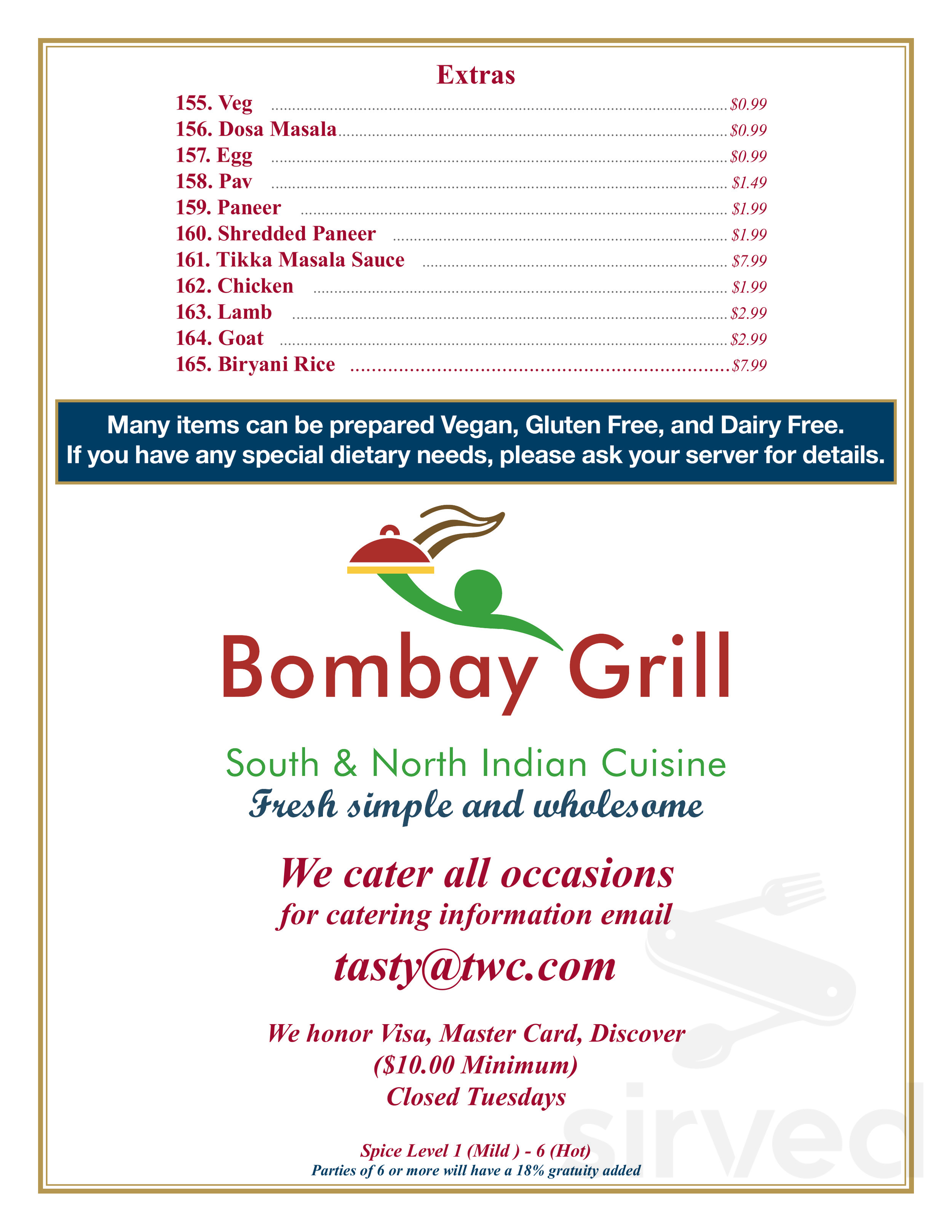 BOMBAY GRILL - INDIAN RESTAURANT menu in Louisville, Kentucky, USA