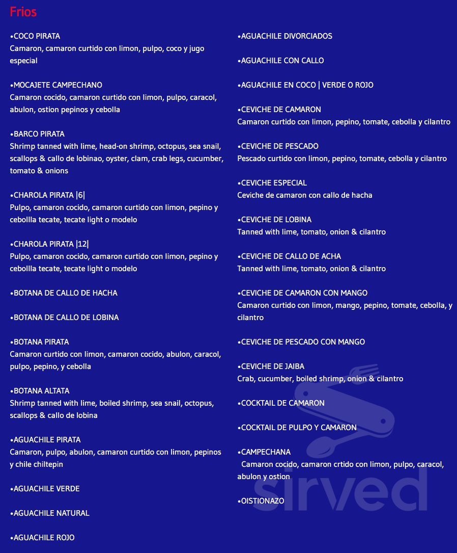Menu Hobbs NM's El Coco Pirata Sirved