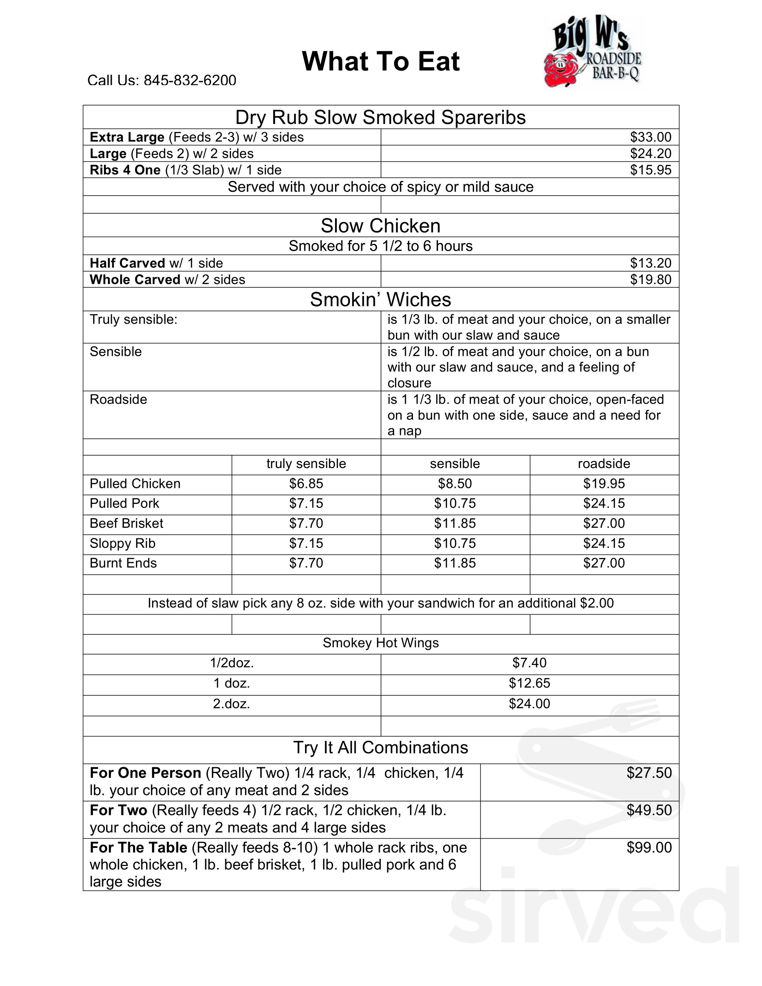 Big W's Roadside Bar B Que menu in Wingdale, New York, USA