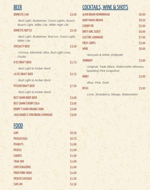 Long Branch Bar and grill menu in El Dorado, Arkansas, USA