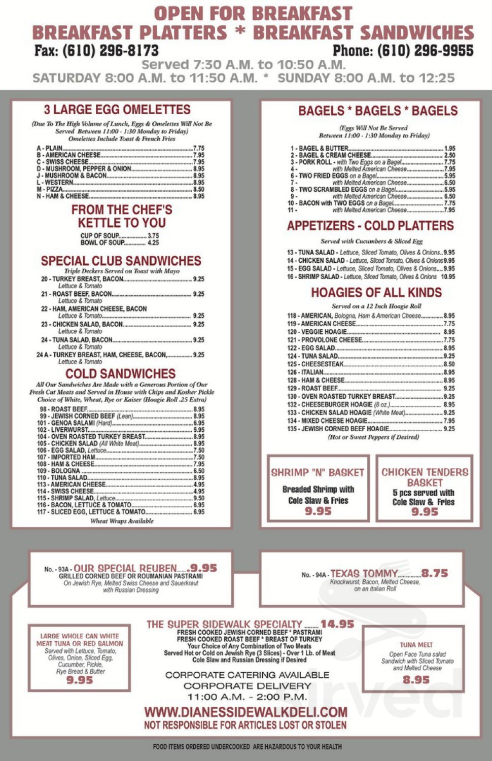 Diane's Sidewalk Deli lunch menu in Chesterbrook, Pennsylvania