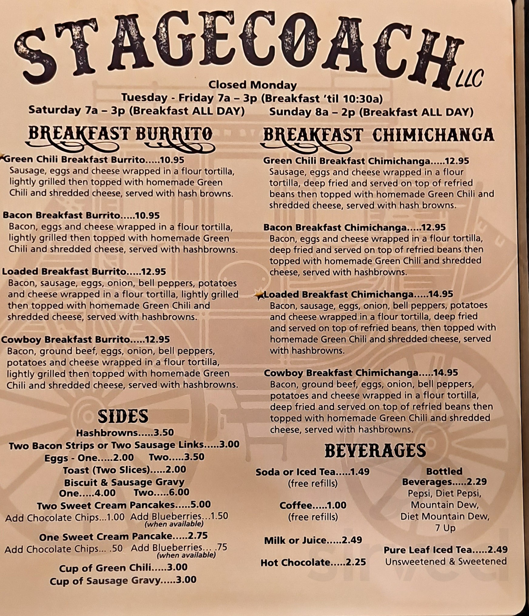 Stagecoach menu in Gillette, Wyoming, USA