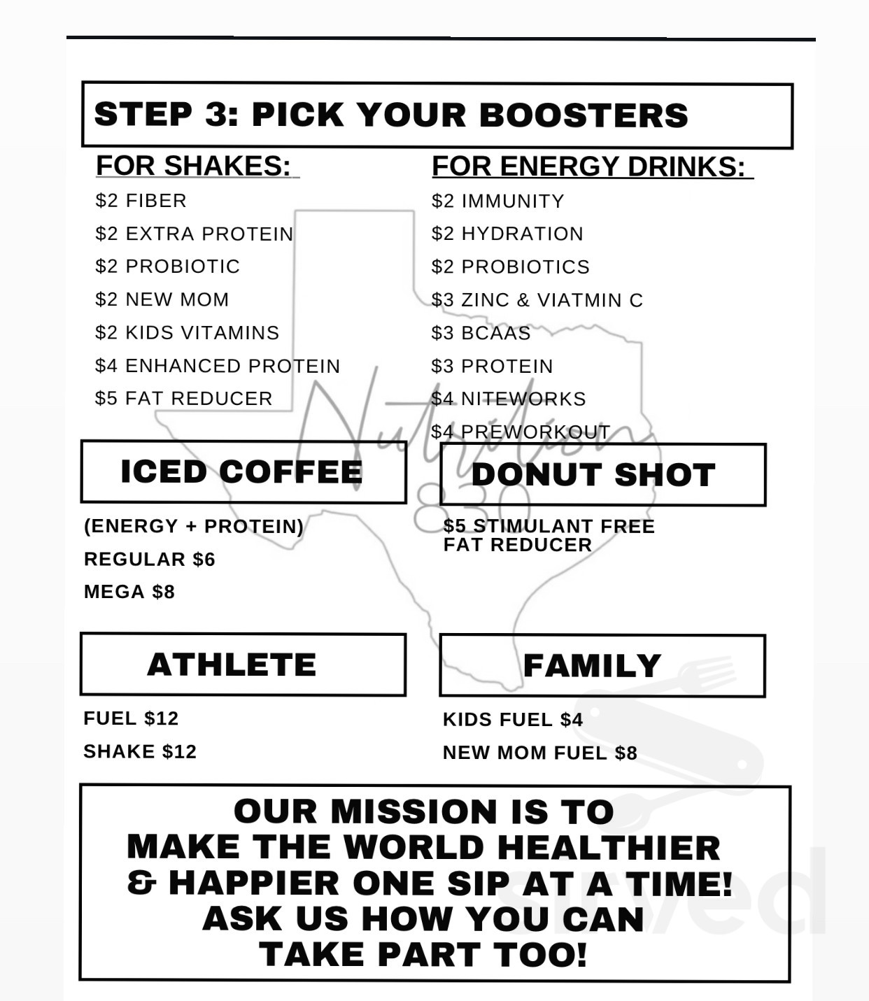 Nutrition 830 menu in Jourdanton, Texas, USA