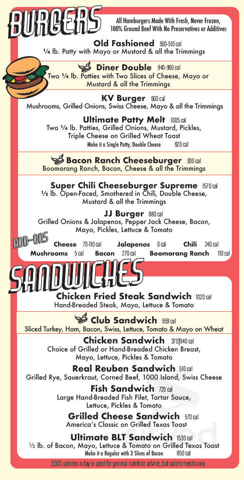 Boomarang Diner menu in Catoosa, Oklahoma