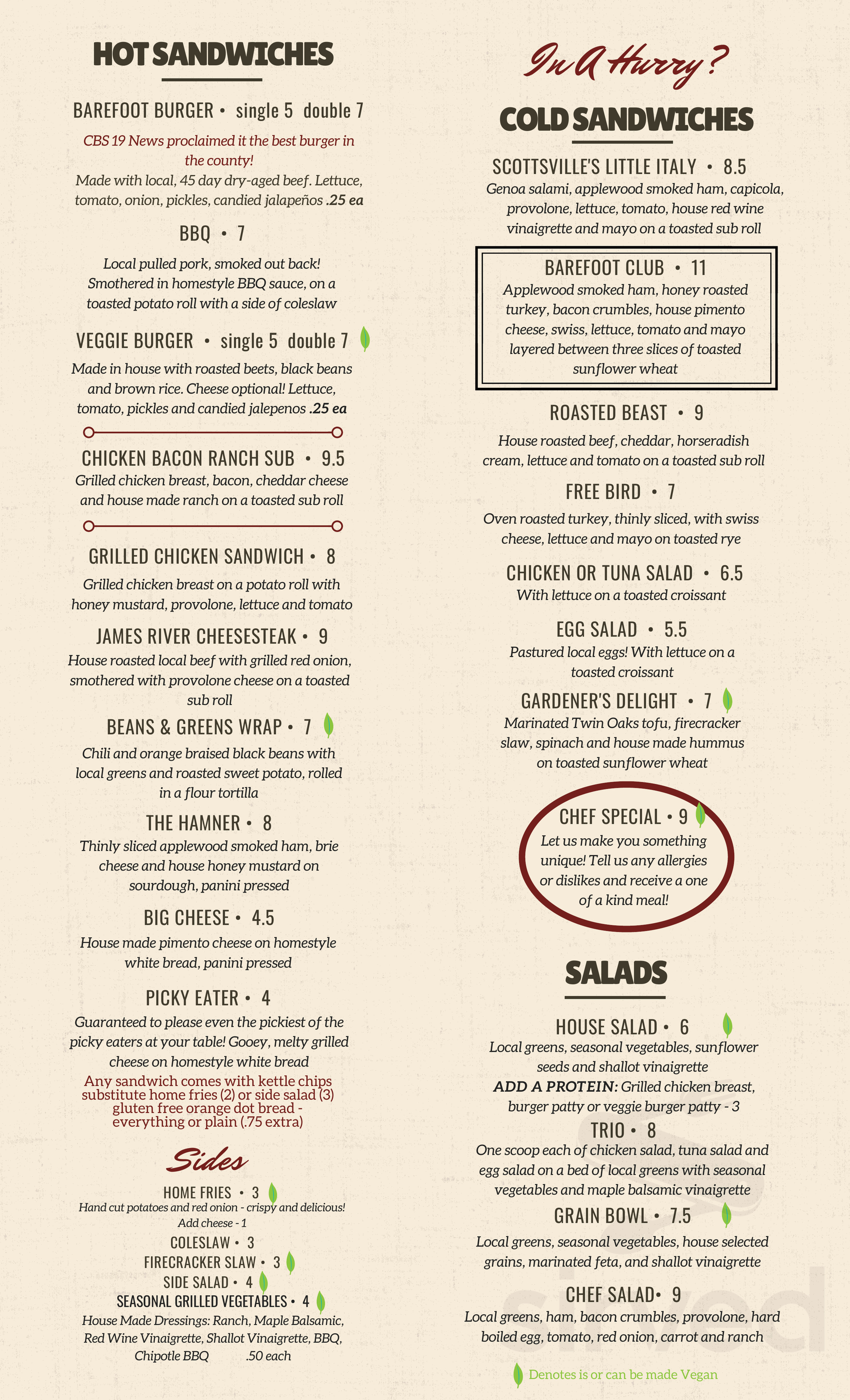 Barefoot Country Store Menu In Scottsville Virginia Usa