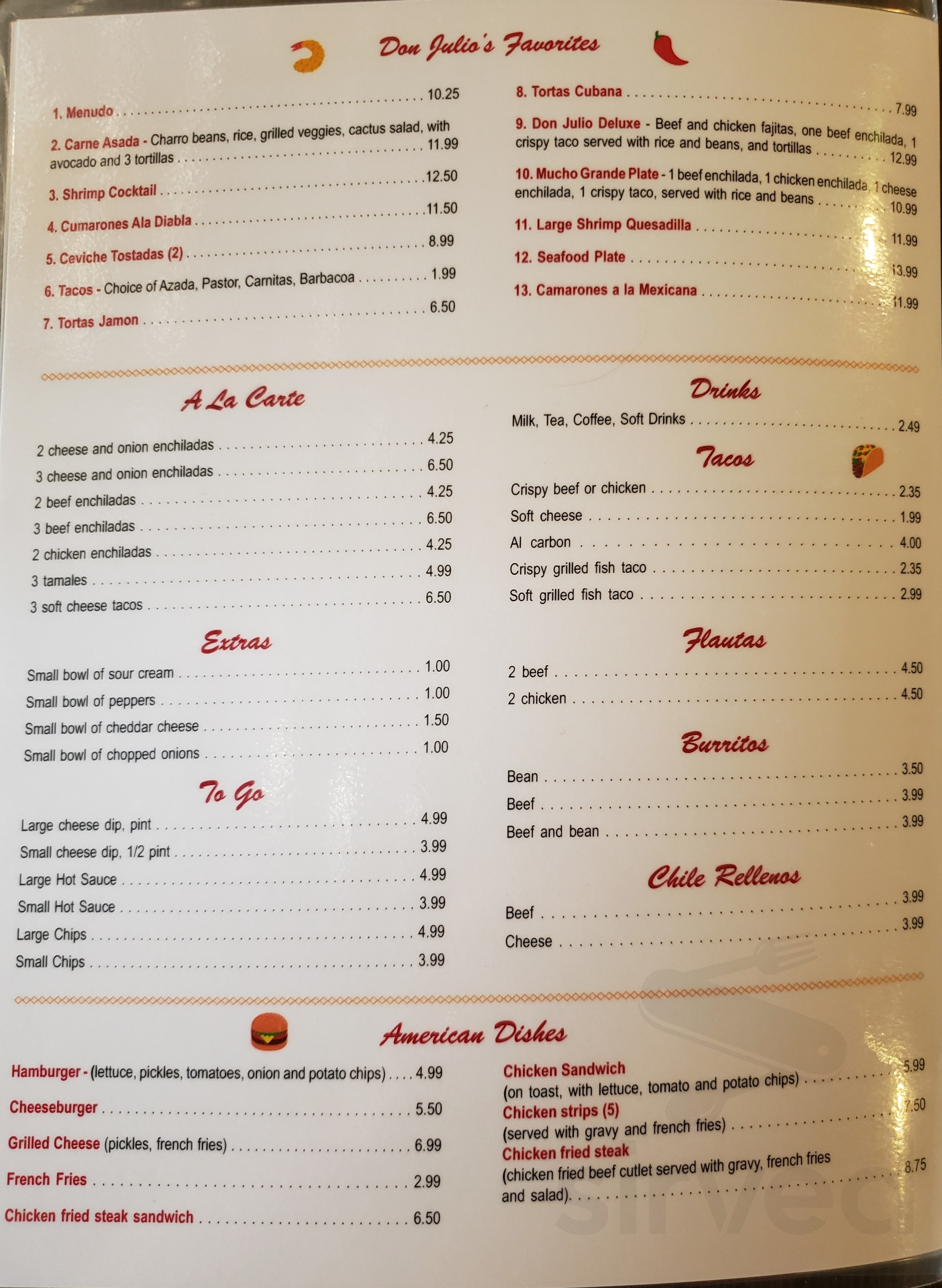 Don Julio Mexican Restaurant and American Buffet menu in Hico, Texas, USA