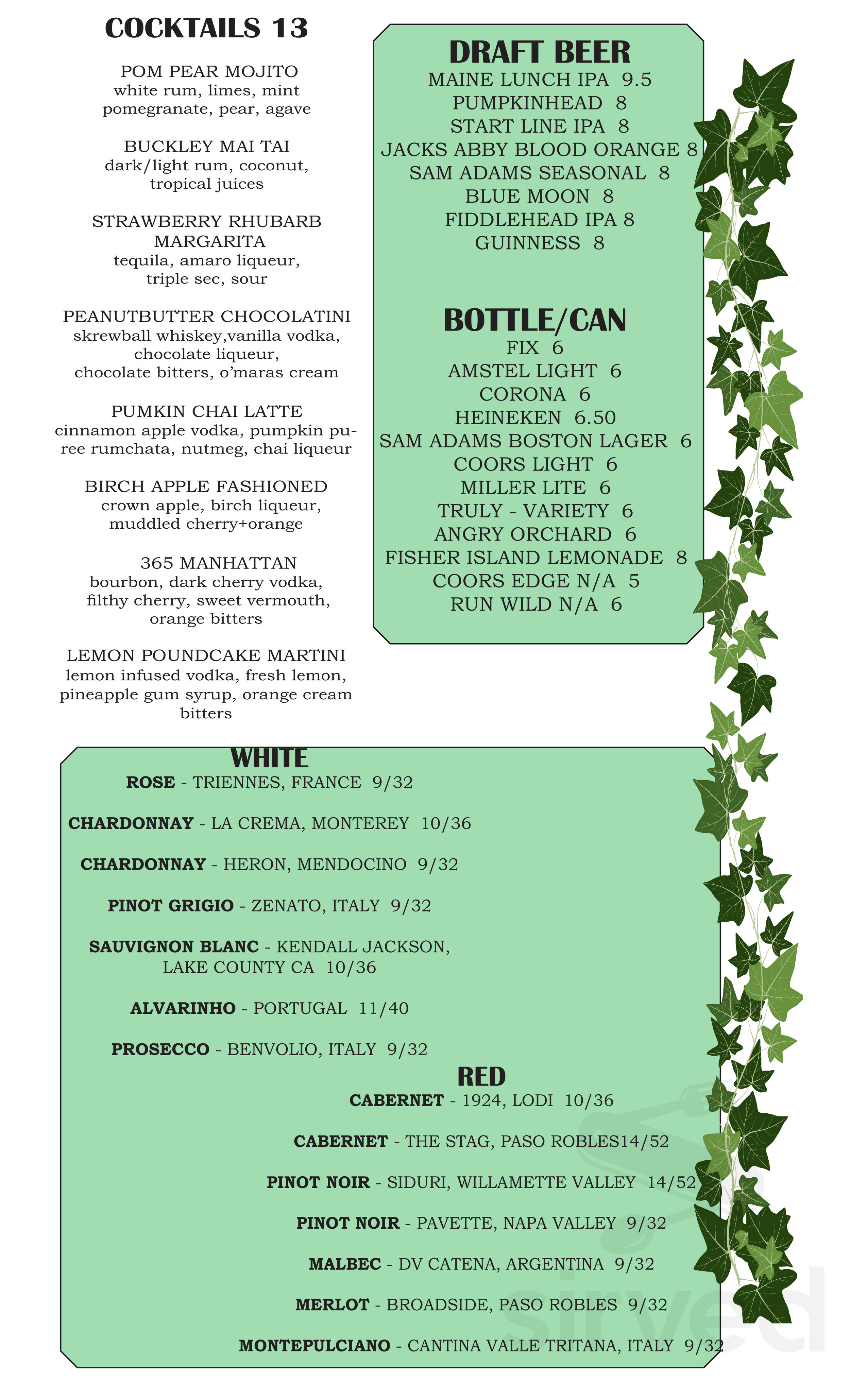 The Buckley Kitchen Bar Menu In Framingham Massachusetts USA