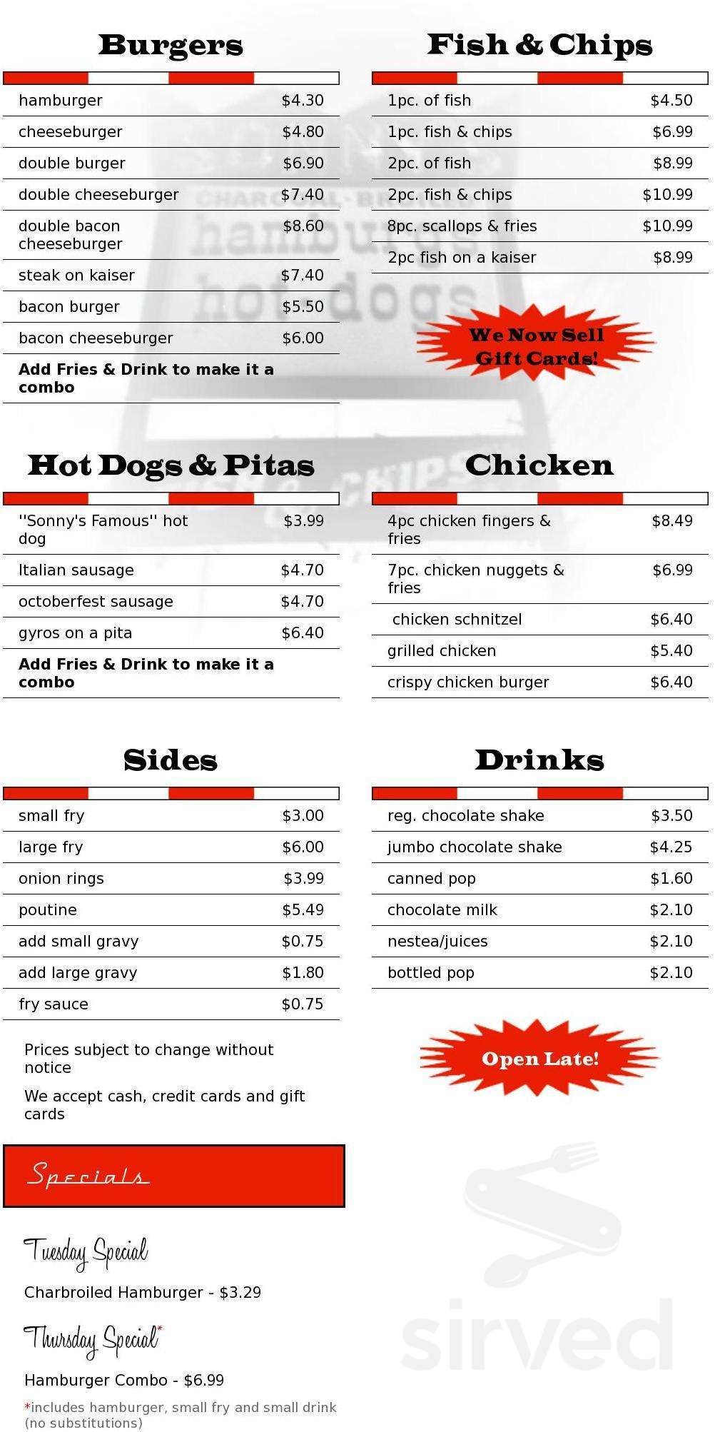 Sonny's menu in Waterloo, Ontario