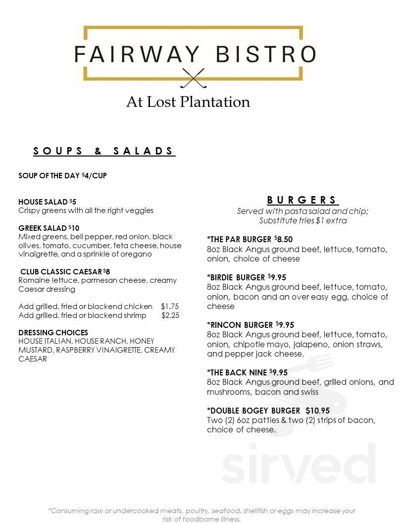 Fairway Bistro menu in Rincon, Georgia, USA