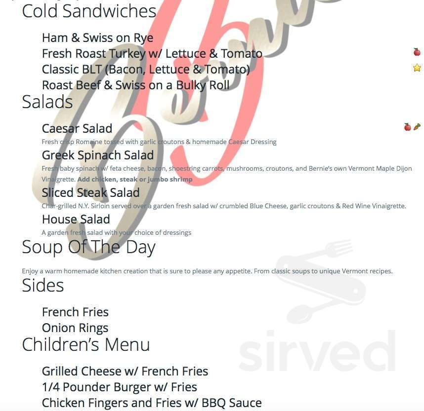 Bernie's Restaurant menu in Montgomery Center, Vermont, USA
