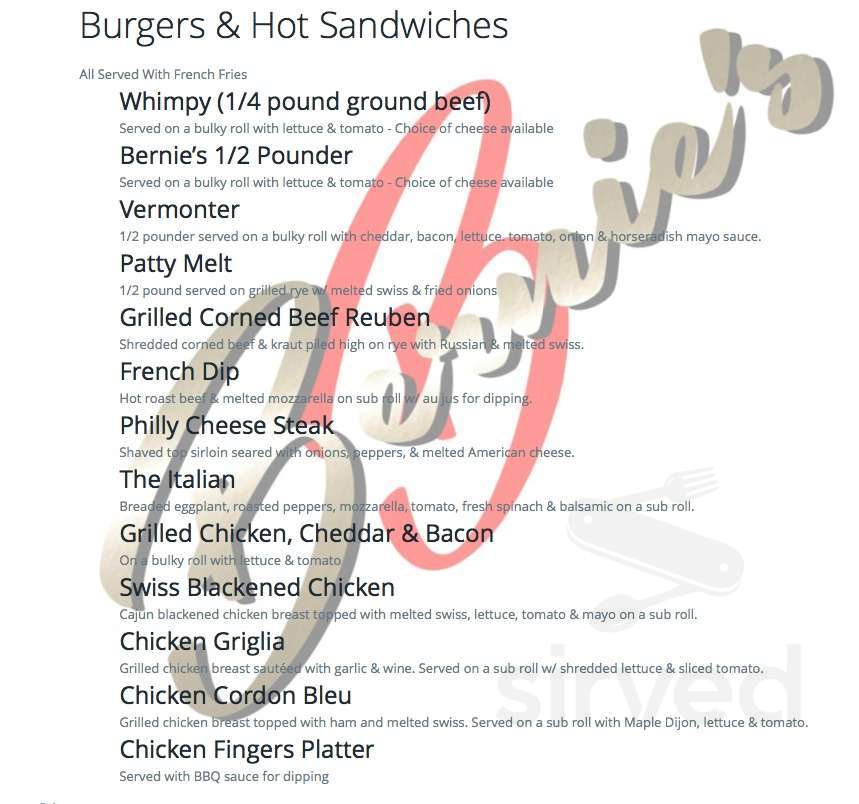 Bernie's Restaurant menu in Montgomery Center, Vermont, USA