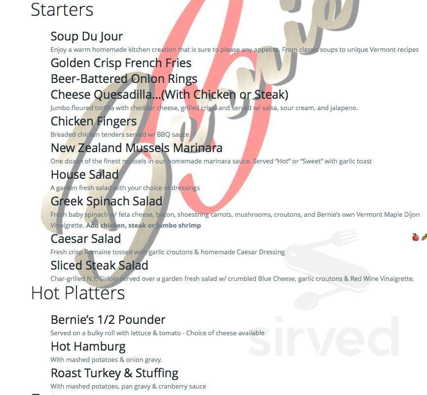 Bernie's Restaurant menu in Montgomery Center, Vermont, USA