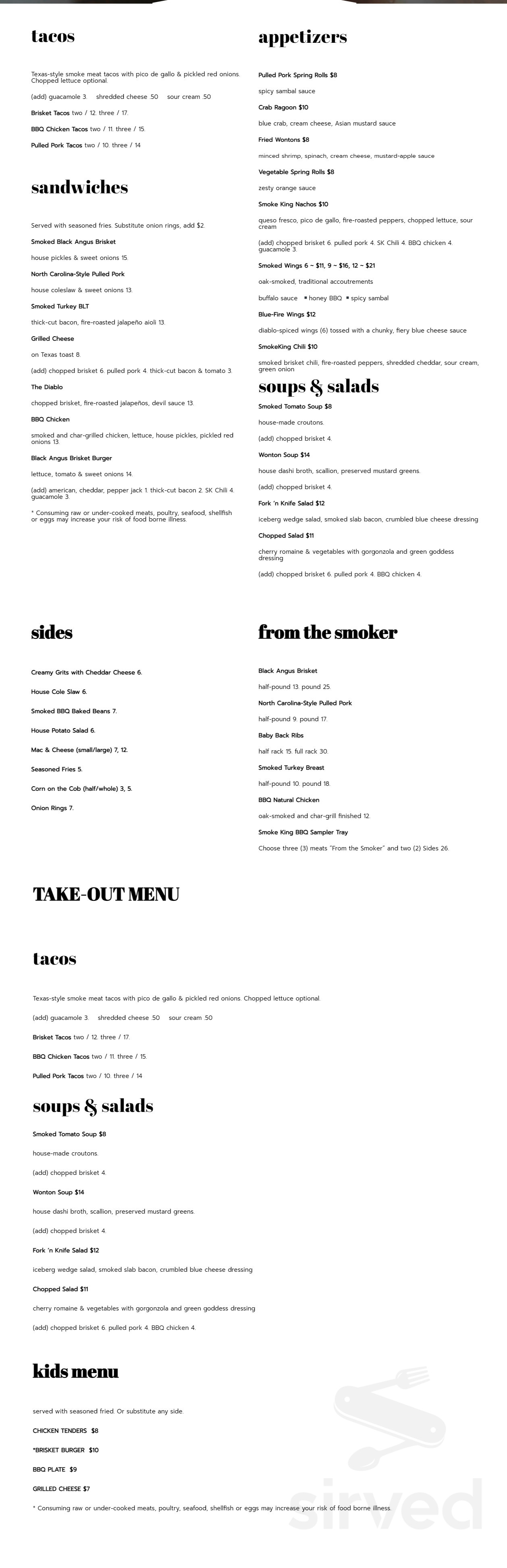 SmokeKing Restaurant menu in New Hartford, Connecticut