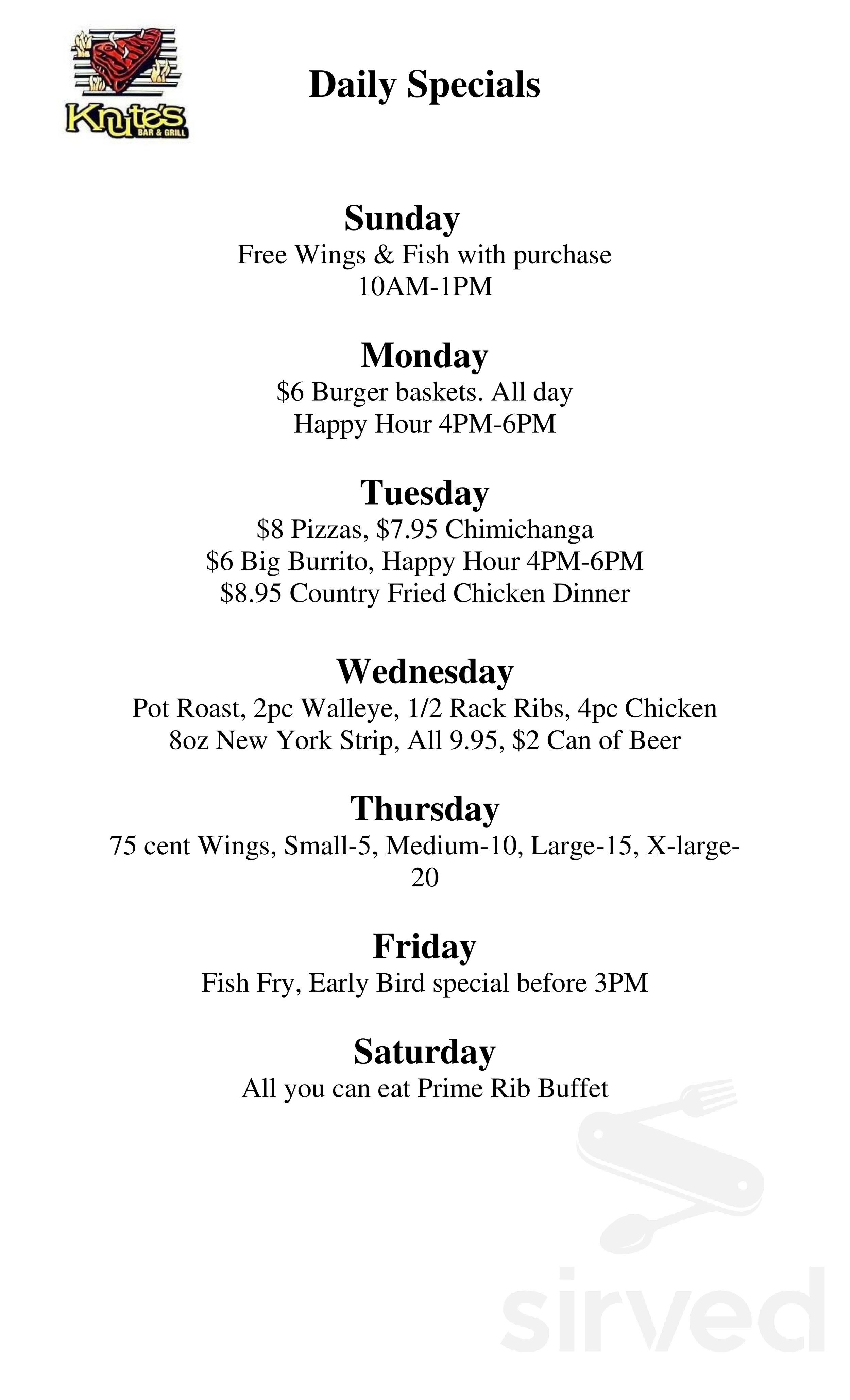 Knute's Bar & Grill menus in Orfordville, Wisconsin, United States