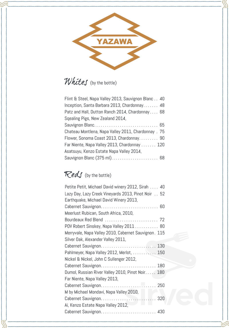 Yazawa Japanese BBQ drink menu in Beverly Hills, California