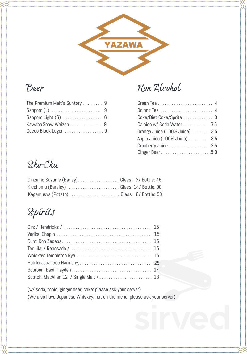 Yazawa Japanese BBQ drink menu in Beverly Hills, California