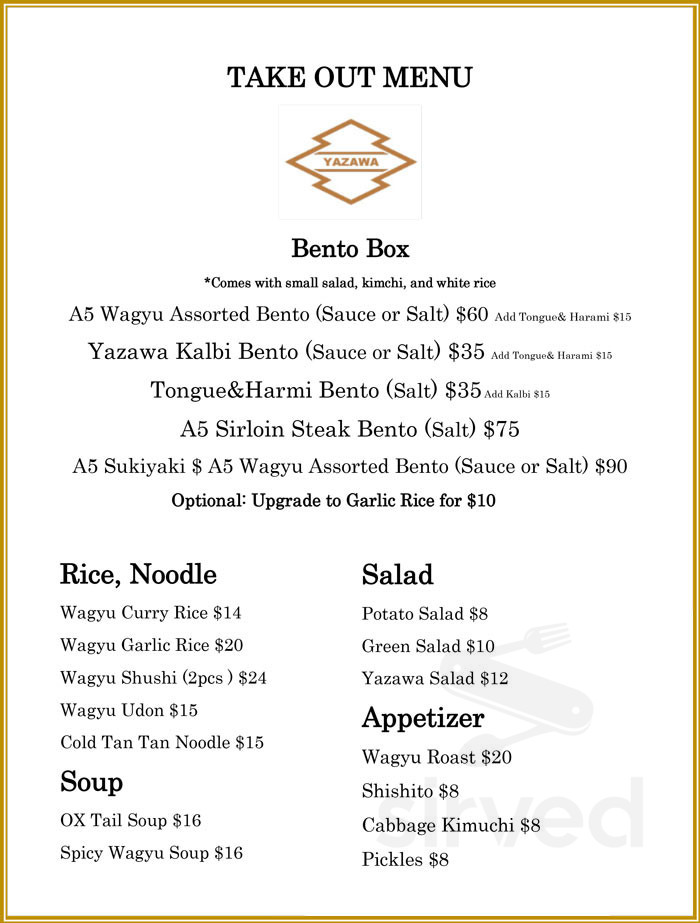 Yazawa Japanese BBQ take out menu in Beverly Hills, California