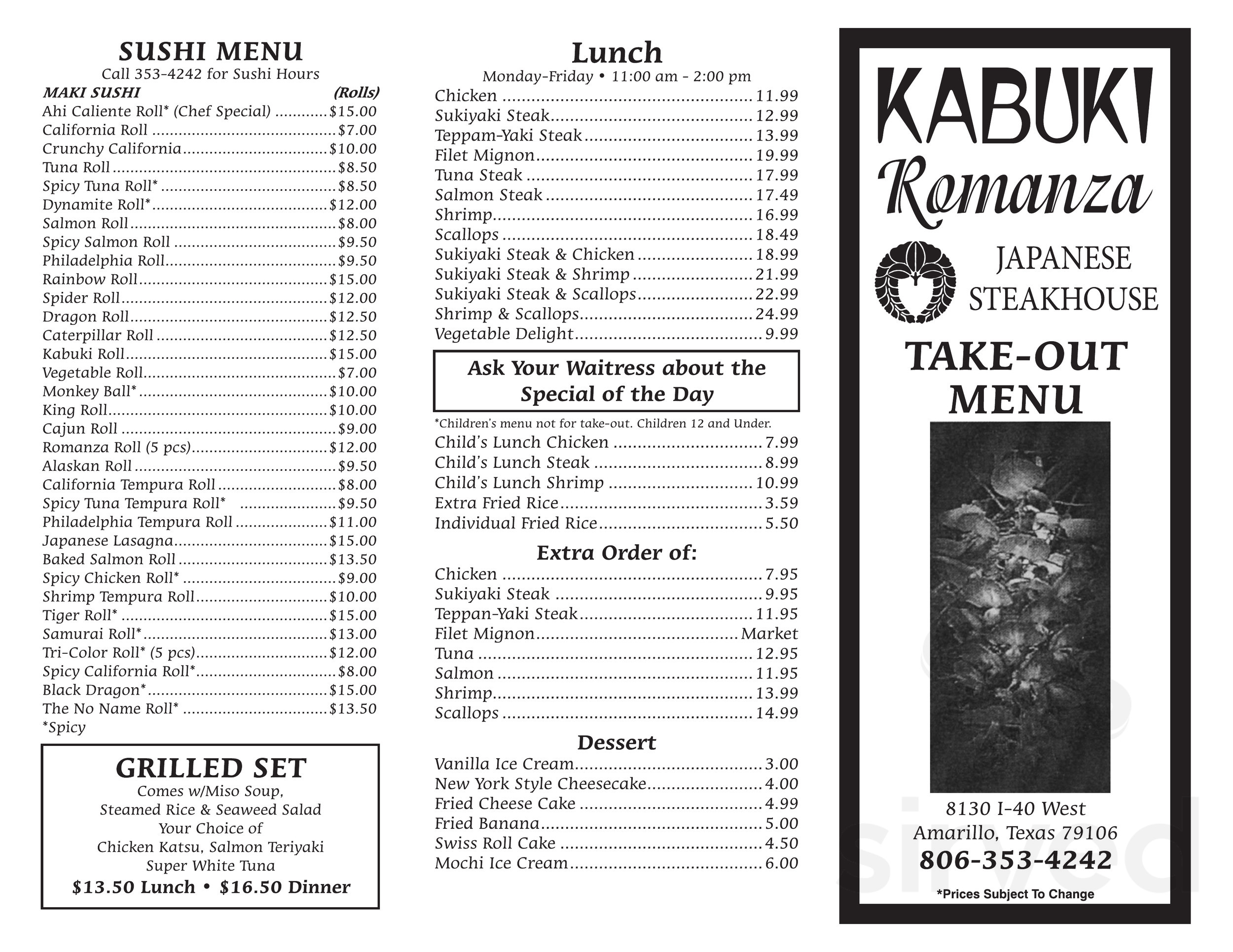 Kabuki Romanza menu in Amarillo, Texas, USA