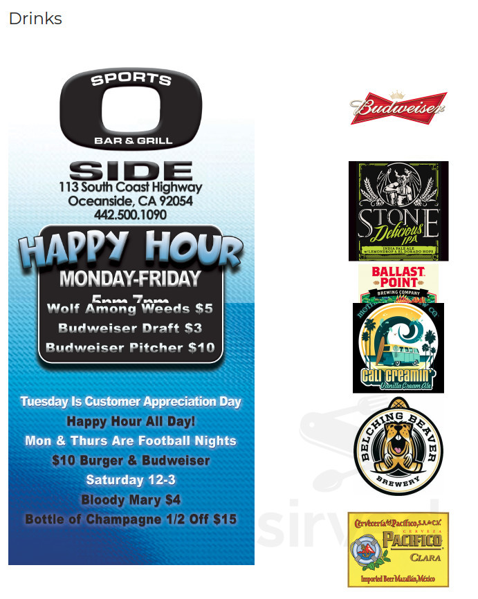 O'Side Sports Bar & Grill happy hour menu in Oceanside, California