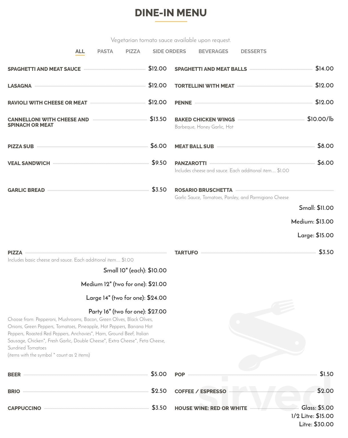 Capri Pizza menu in Cambridge, Ontario