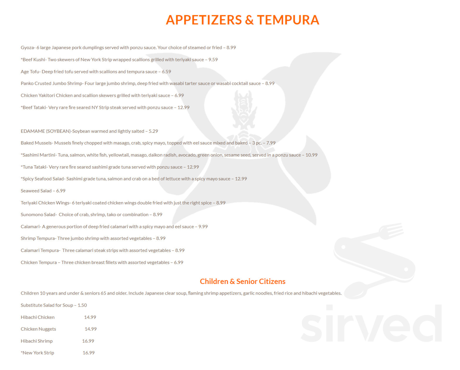 Kabuto Japanese Steakhouse and Sushi Bar menu in Charlotte, North Carolina, USA