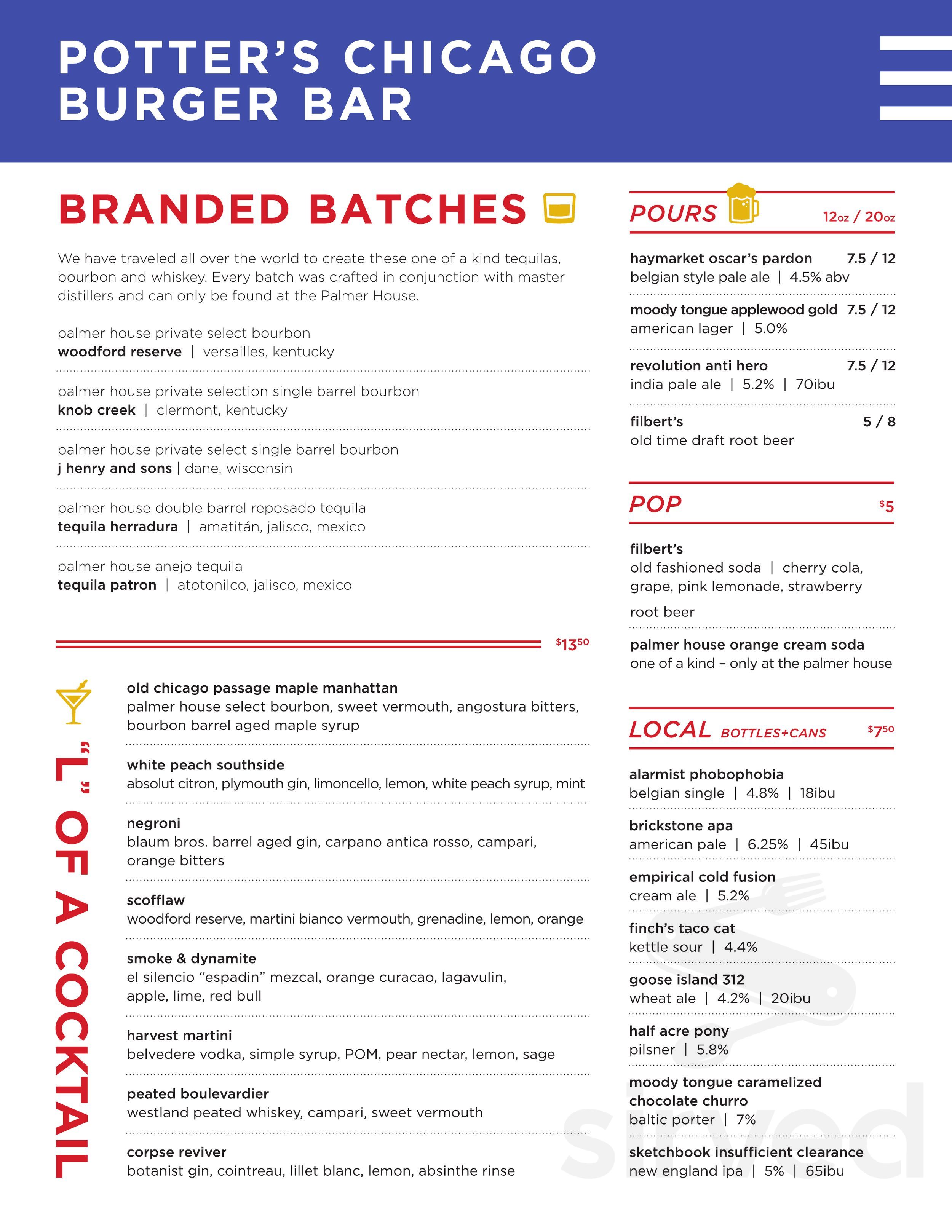 Potter's Chicago Burger Bar menu in Chicago, Illinois, USA