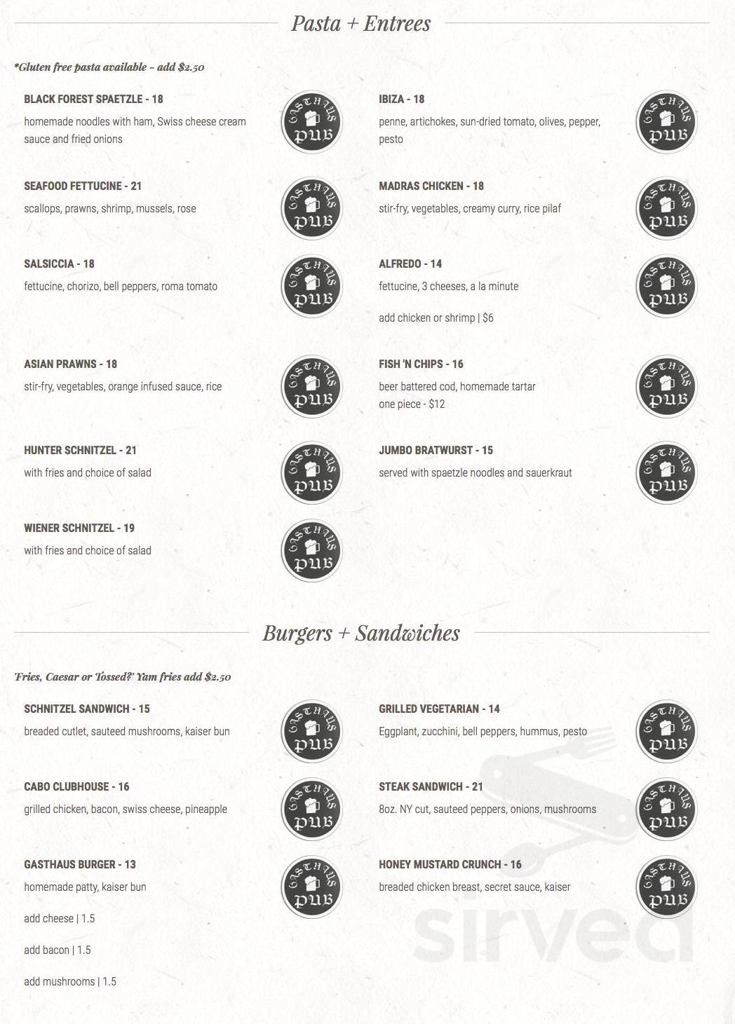 Gasthaus on the Lake menu in Peachland, British Columbia