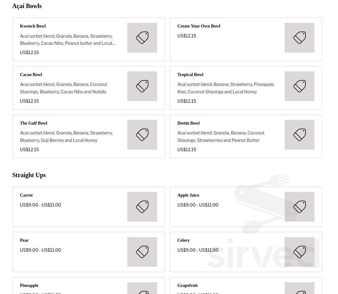 Kwench Juice Cafe menu in Destin, Florida, USA