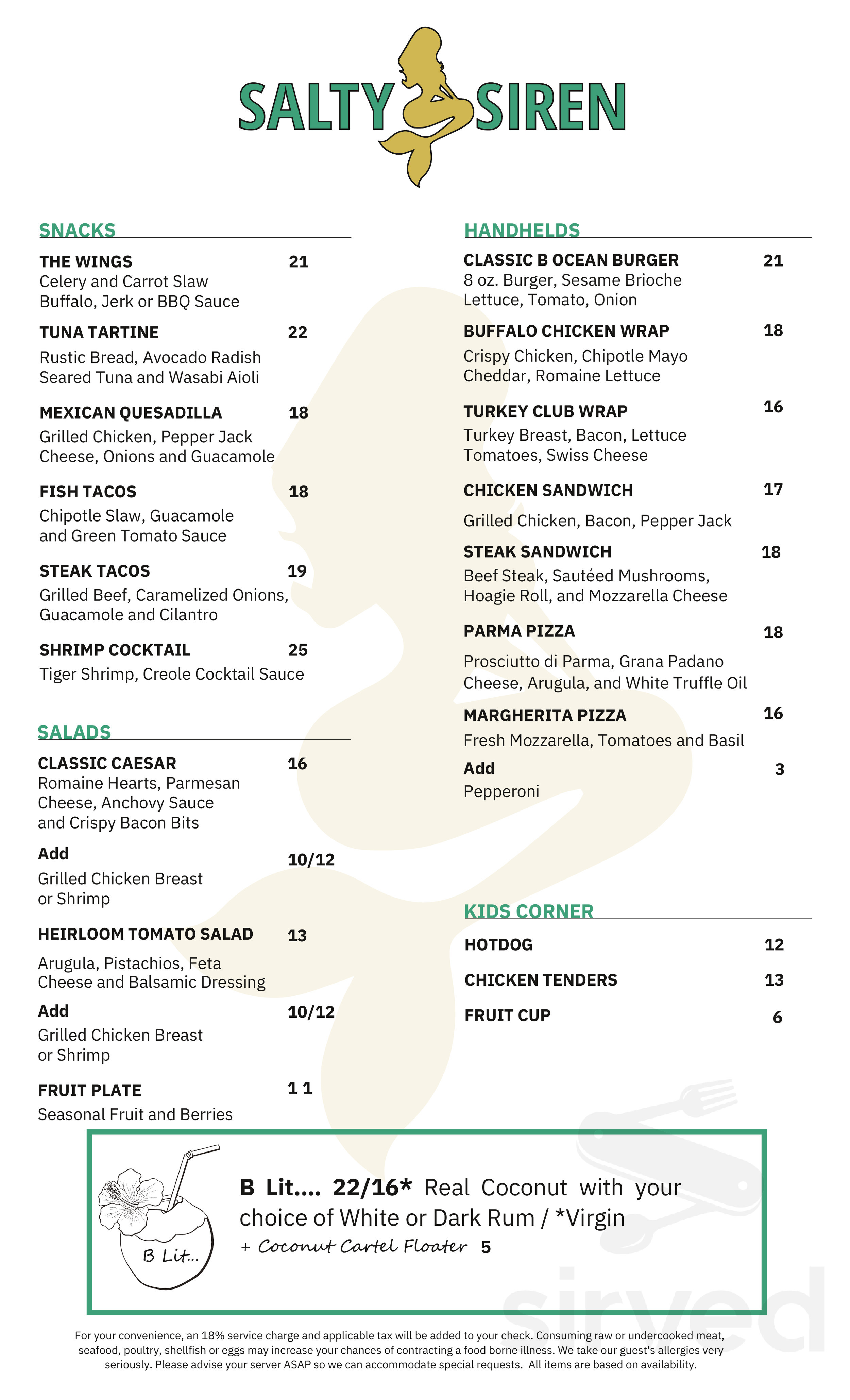 Menu Fort Lauderdale FL s Salty Siren Sirved Menu Fort Lauderdale FL s Salty Siren Sirved