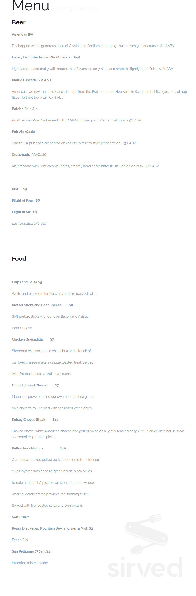 Kelsey Block Brewing Company menu in Three Rivers, Michigan, USA